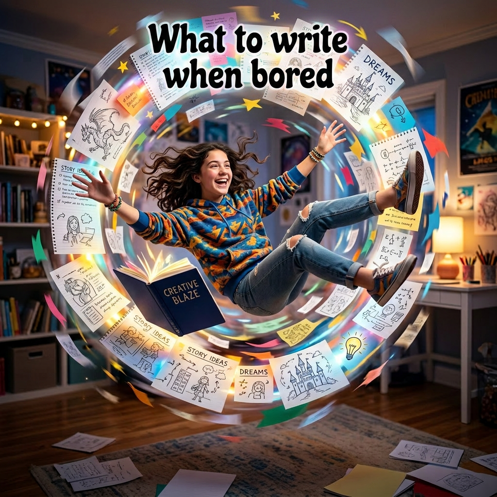 Young girl joyfully floating amid swirling creative notes and drawings